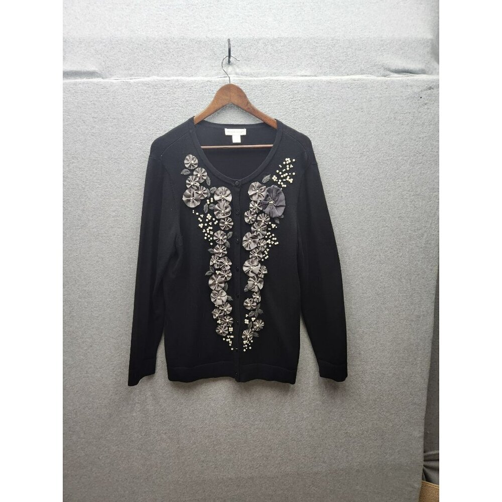 Christopher & Banks Black Cardigan With Floral Embellishments & Beading XL Cotto